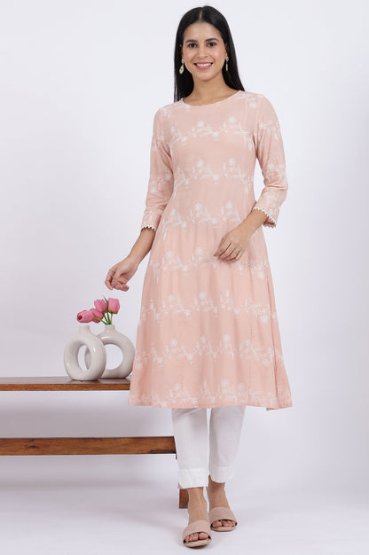W for Woman Pink Embroidered Flared Rayon Kurta