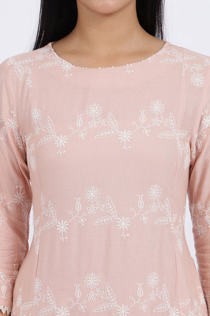 W for Woman Pink Embroidered Flared Rayon Kurta