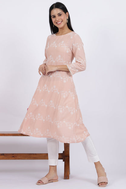 W for Woman Pink Embroidered Flared Rayon Kurta