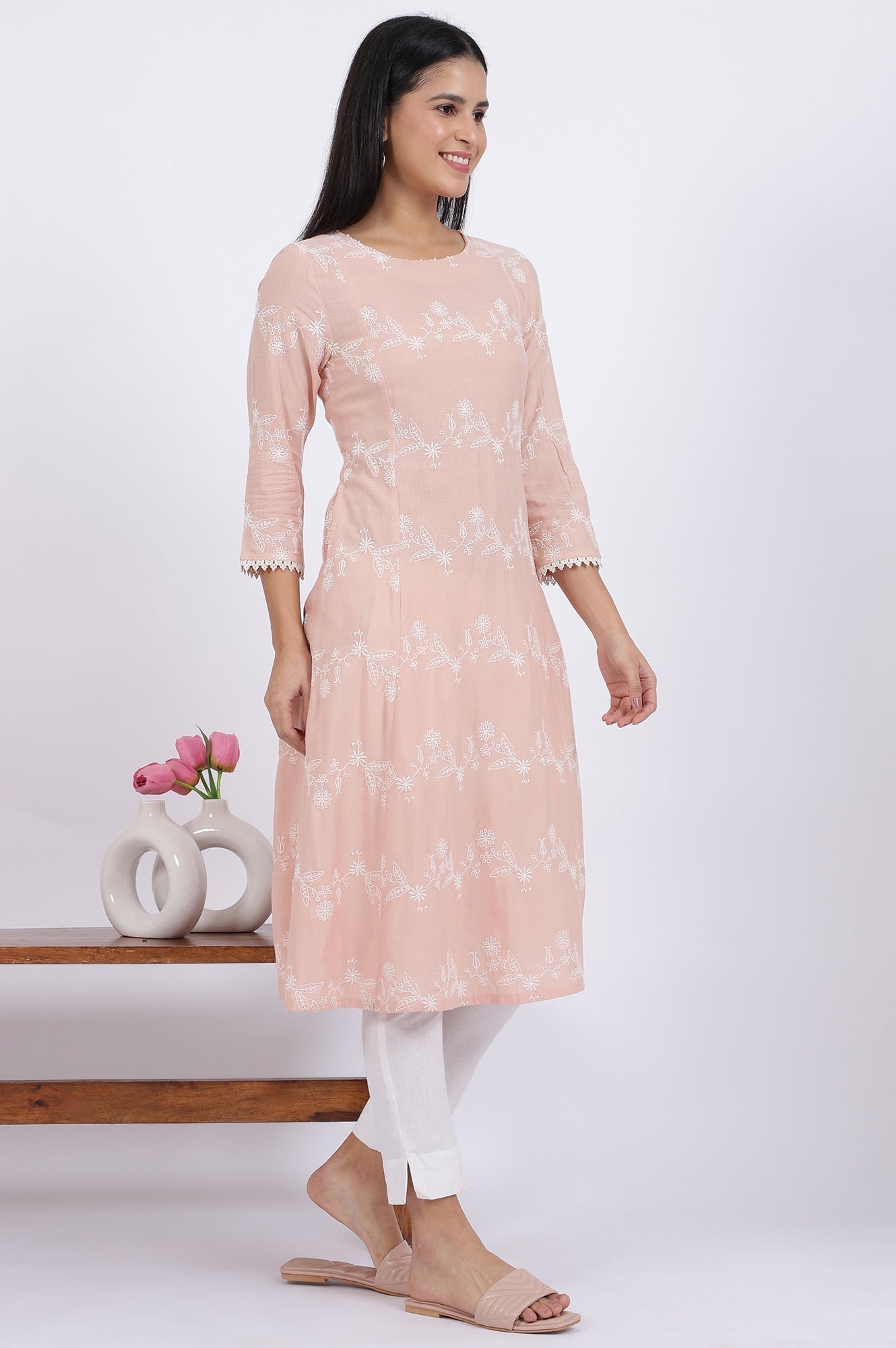 W for Woman Pink Embroidered Flared Rayon Kurta