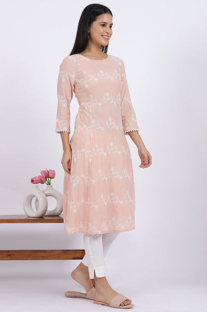 W for Woman Pink Embroidered Flared Rayon Kurta