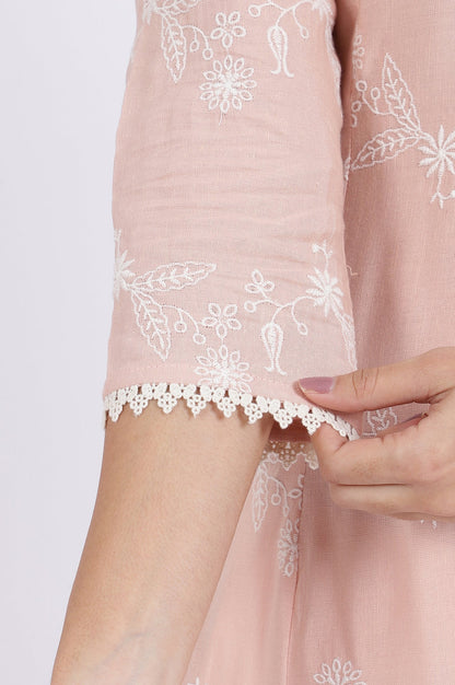 W for Woman Pink Embroidered Flared Rayon Kurta