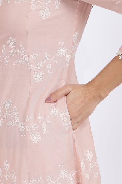 W for Woman Pink Embroidered Flared Rayon Kurta