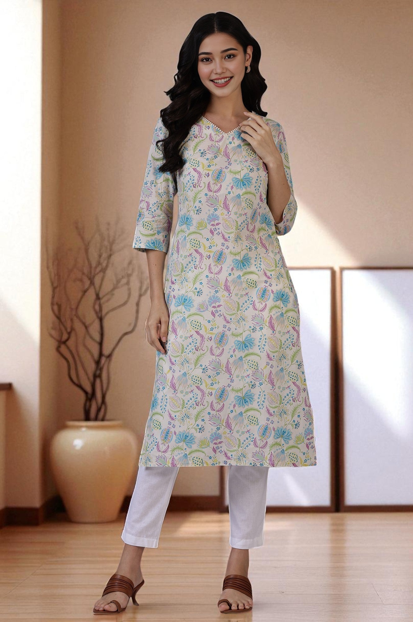 W for Woman Light Beige Floral Printed Pure Cotton Straight Kurta