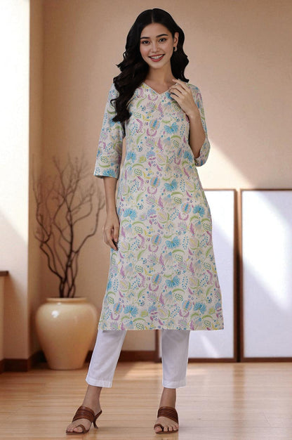 W for Woman Light Beige Floral Printed Pure Cotton Straight Kurta