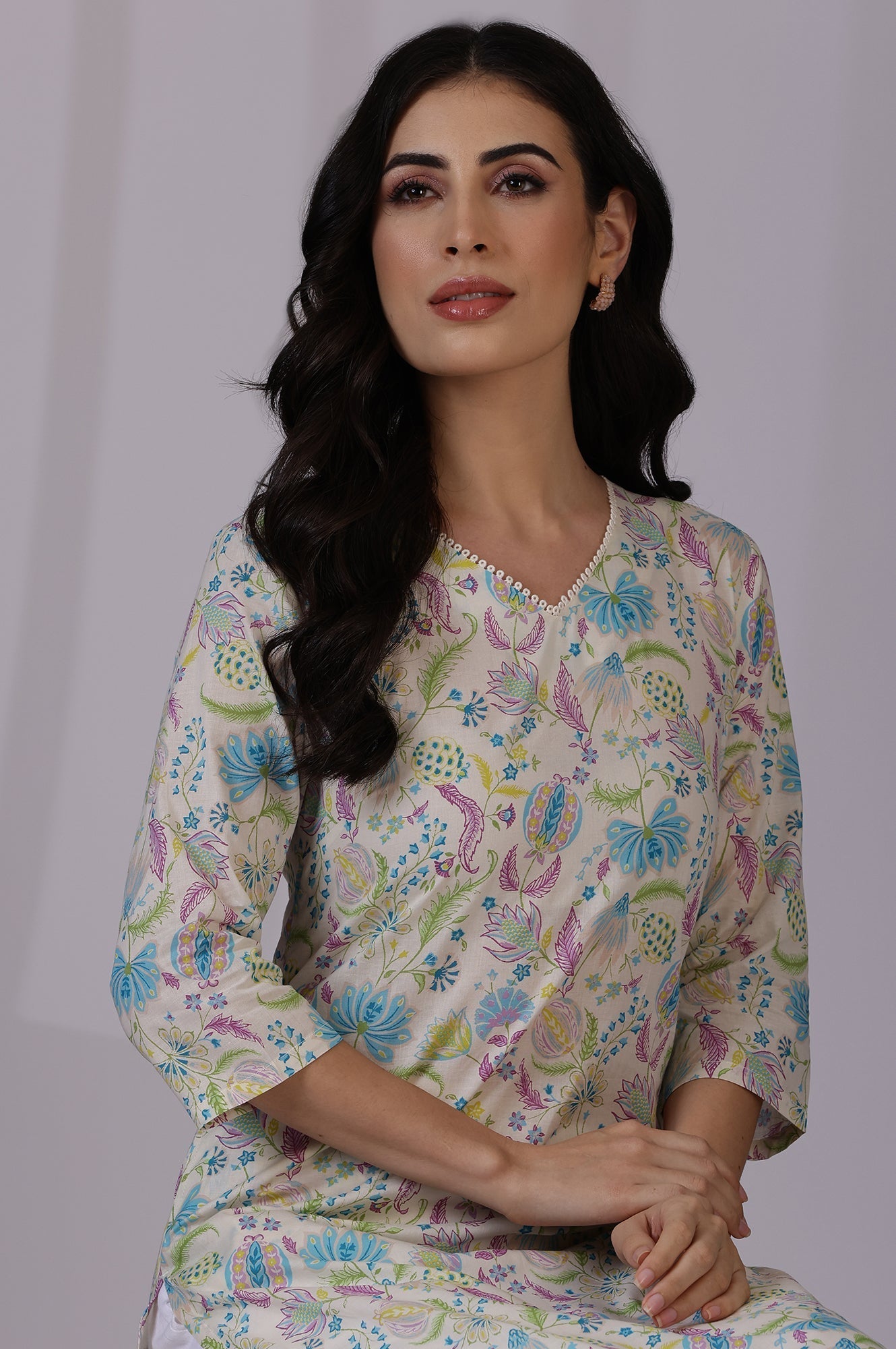 W for Woman Light Beige Floral Printed Pure Cotton Straight Kurta