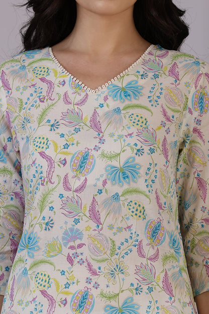 W for Woman Beige Floral Printed Pure Cotton Straight Kurta and Slim Pant Set