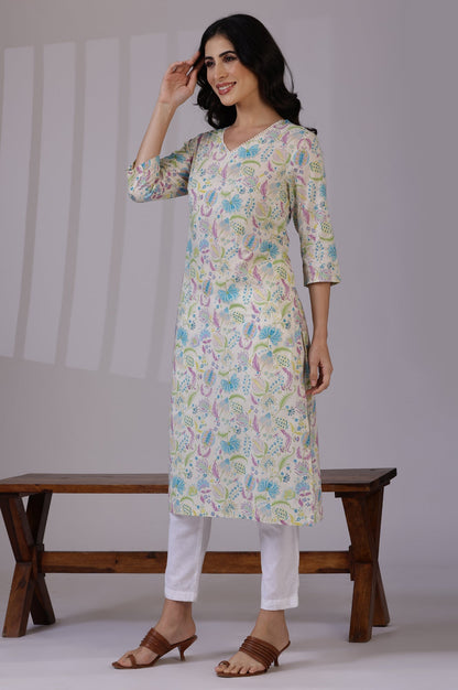W for Woman Light Beige Floral Printed Pure Cotton Straight Kurta