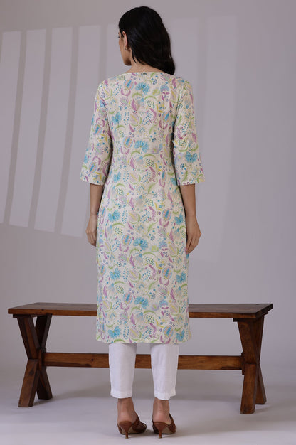 W for Woman Light Beige Floral Printed Pure Cotton Straight Kurta