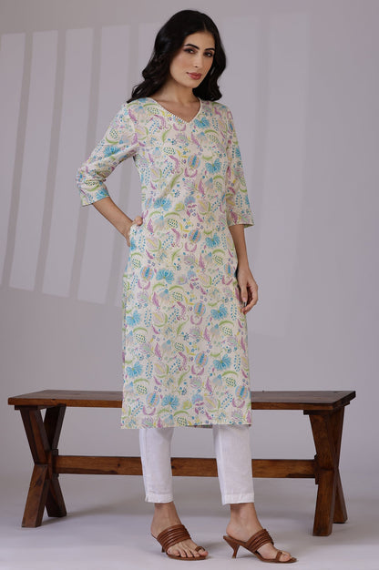 W for Woman Light Beige Floral Printed Pure Cotton Straight Kurta