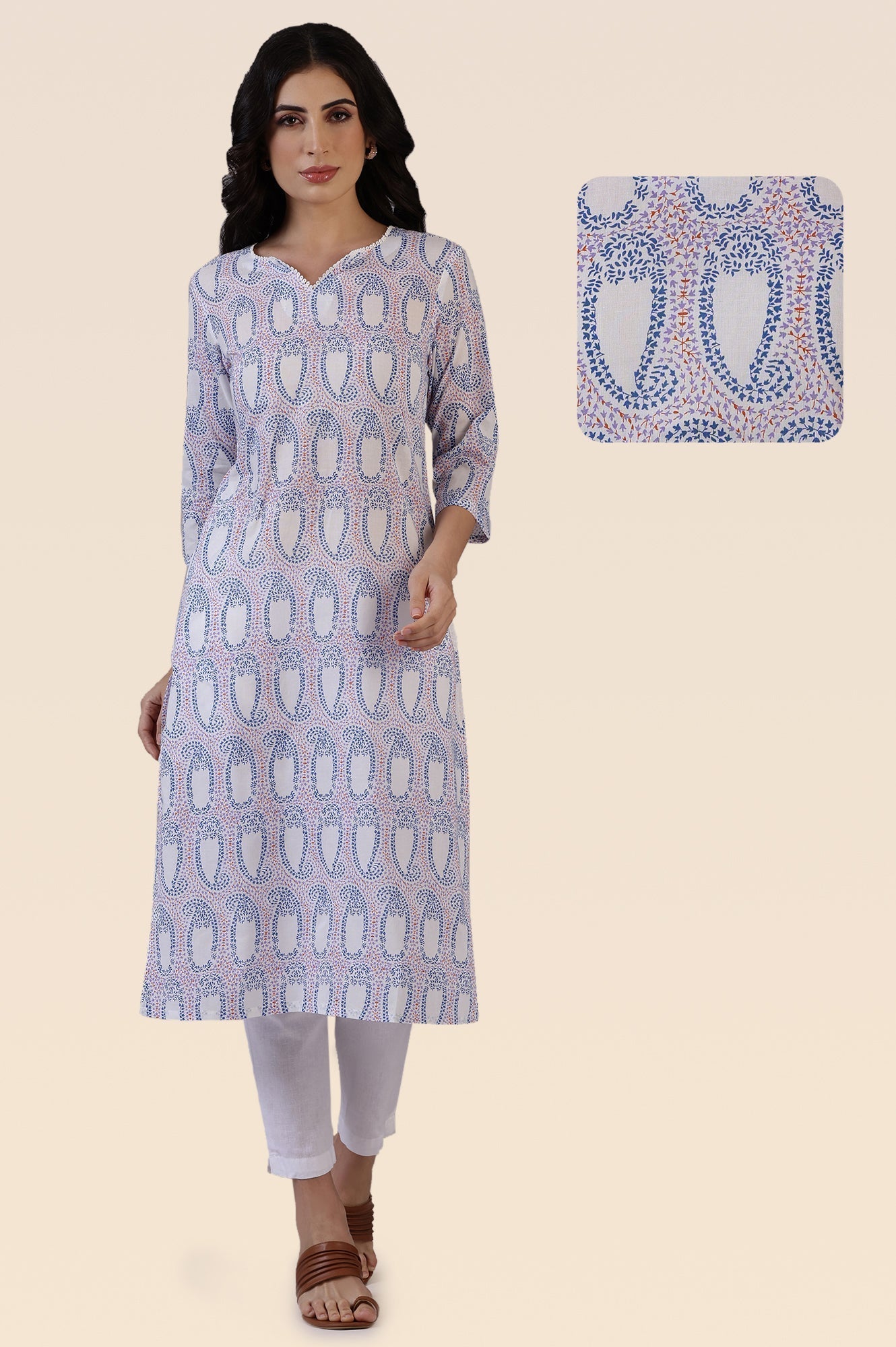 W for Woman Off-White Floral Printed Pure Cotton Straight Kurta