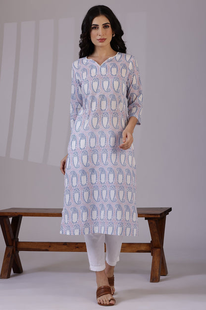 W for Woman Off-White Floral Printed Pure Cotton Straight Kurta