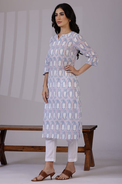 W for Woman Off-White Floral Printed Pure Cotton Straight Kurta