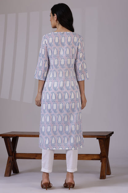 W for Woman Off-White Floral Printed Pure Cotton Straight Kurta