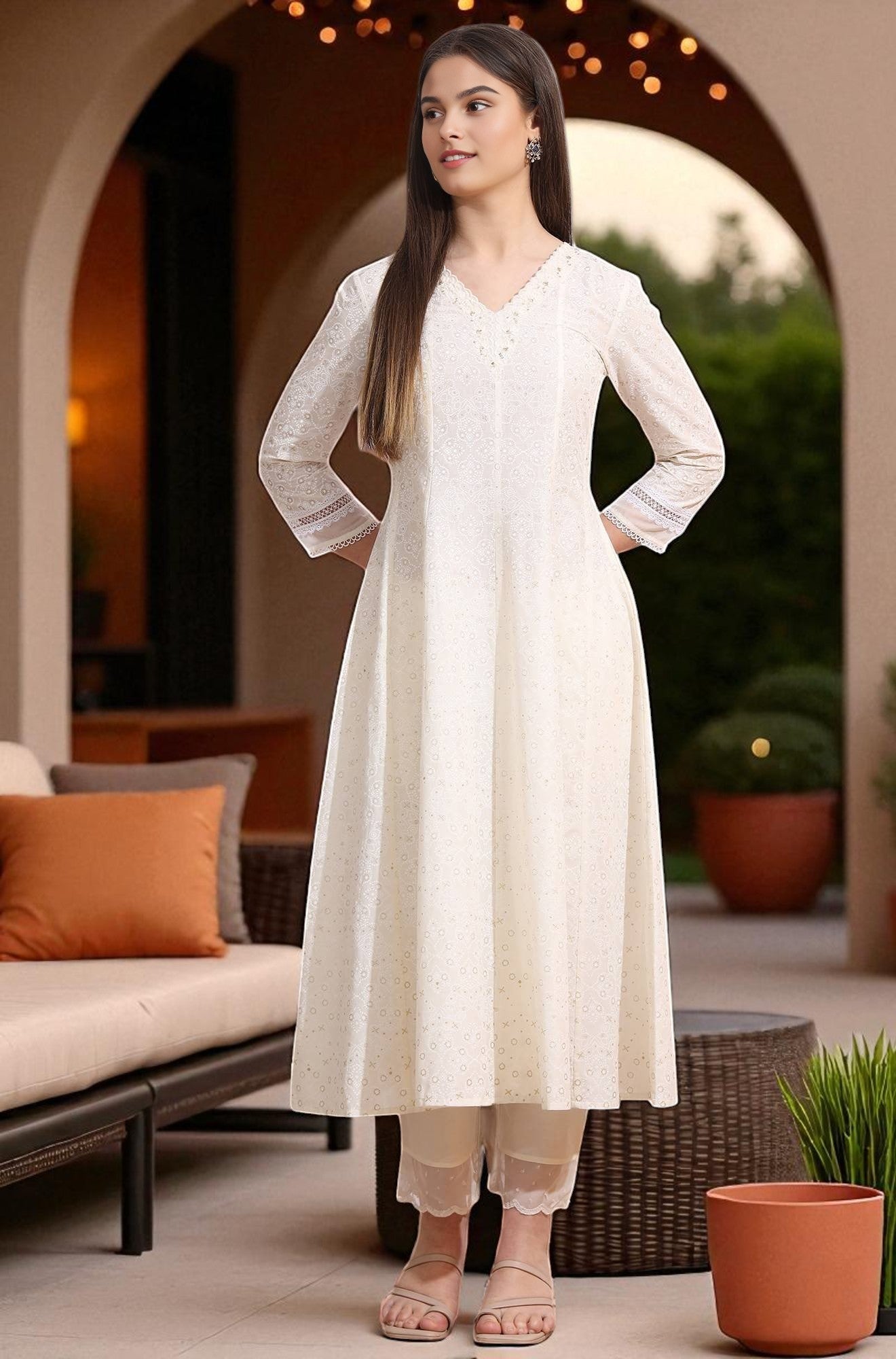 W for Woman White Glitter Printed Pure Cotton Anarkali Kurta with Embroidery
