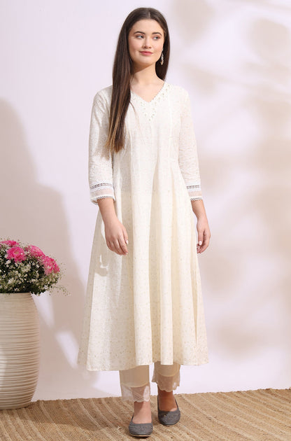 W for Woman White Glitter Printed Pure Cotton Anarkali Kurta with Embroidery