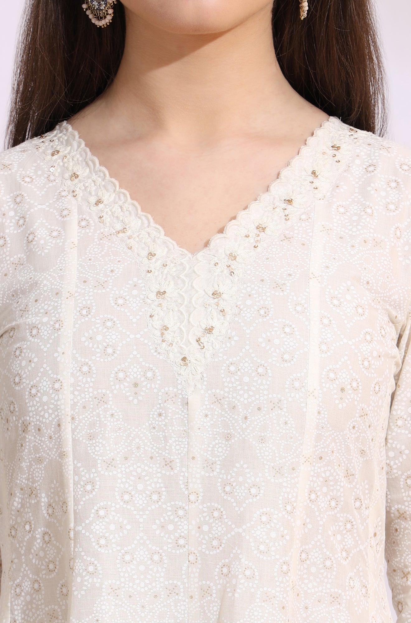 W for Woman White Glitter Printed Pure Cotton Anarkali Kurta with Embroidery