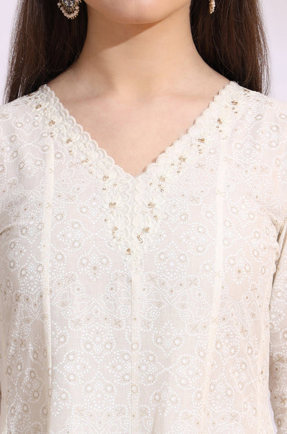 W for Woman White Glitter Printed Pure Cotton Anarkali Kurta with Embroidery