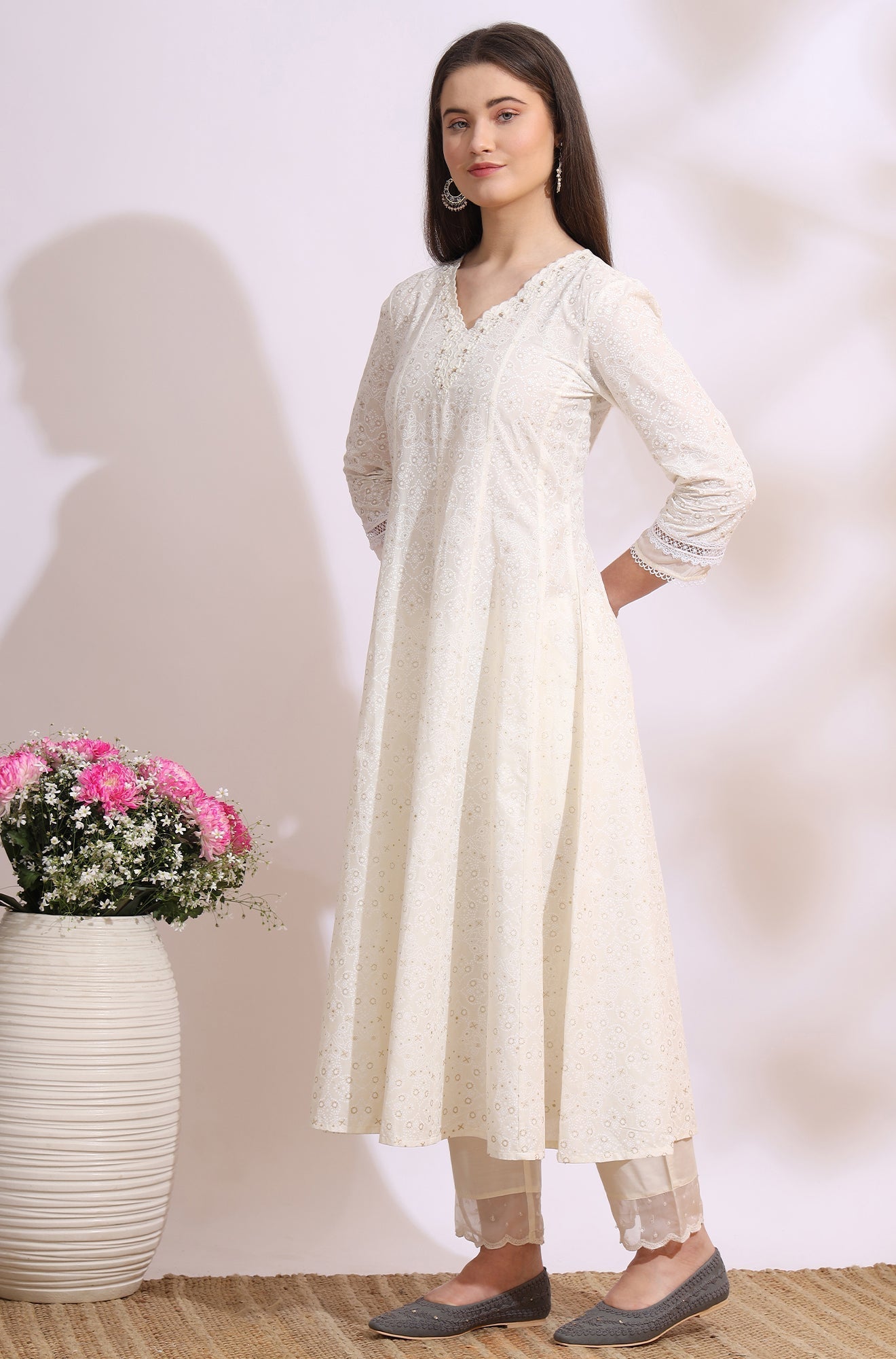 W for Woman White Glitter Printed Pure Cotton Anarkali Kurta with Embroidery