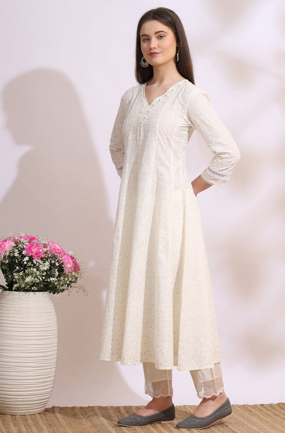 W for Woman White Glitter Printed Pure Cotton Anarkali Kurta with Embroidery
