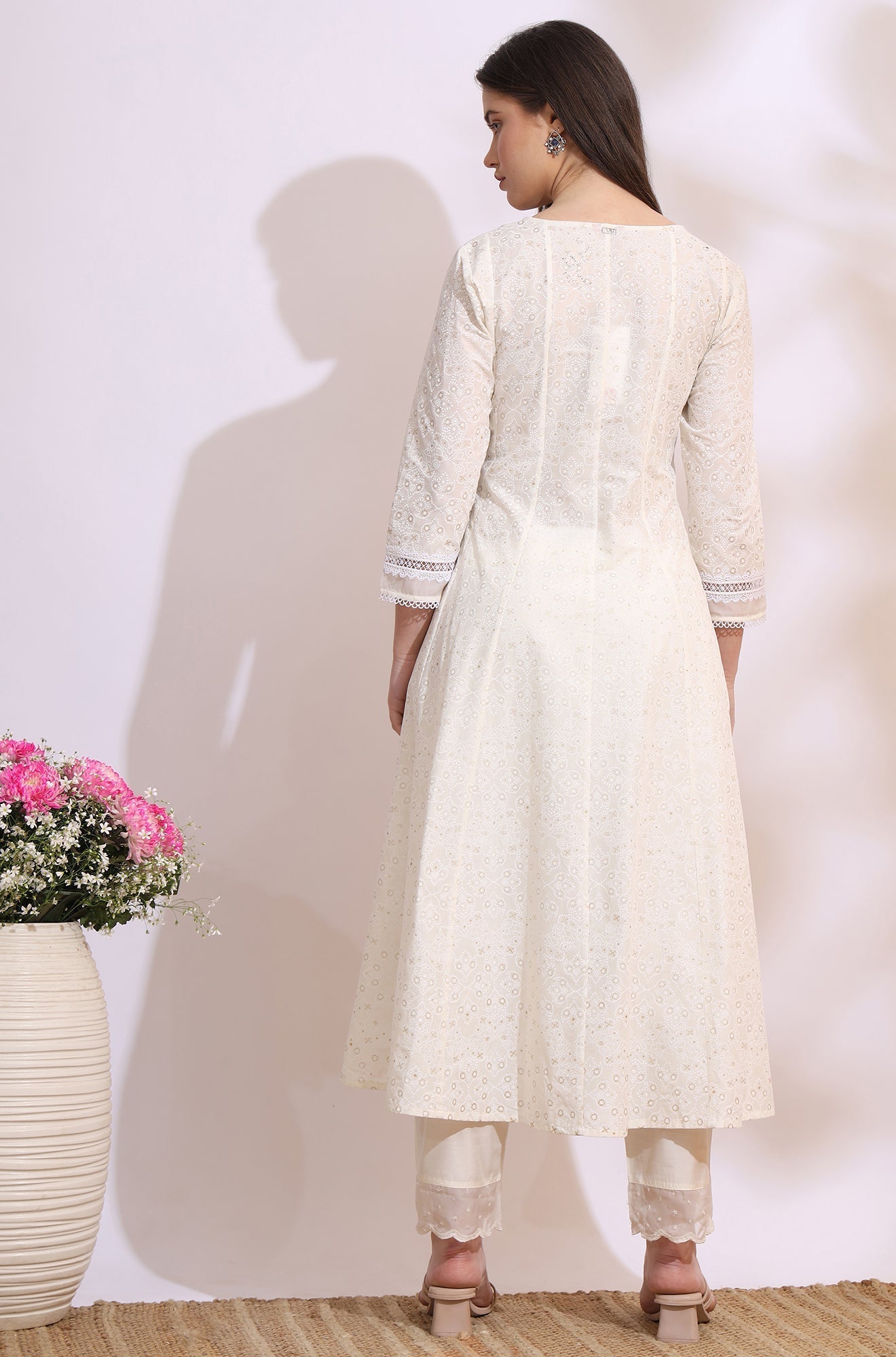 W for Woman White Glitter Printed Pure Cotton Anarkali Kurta with Embroidery