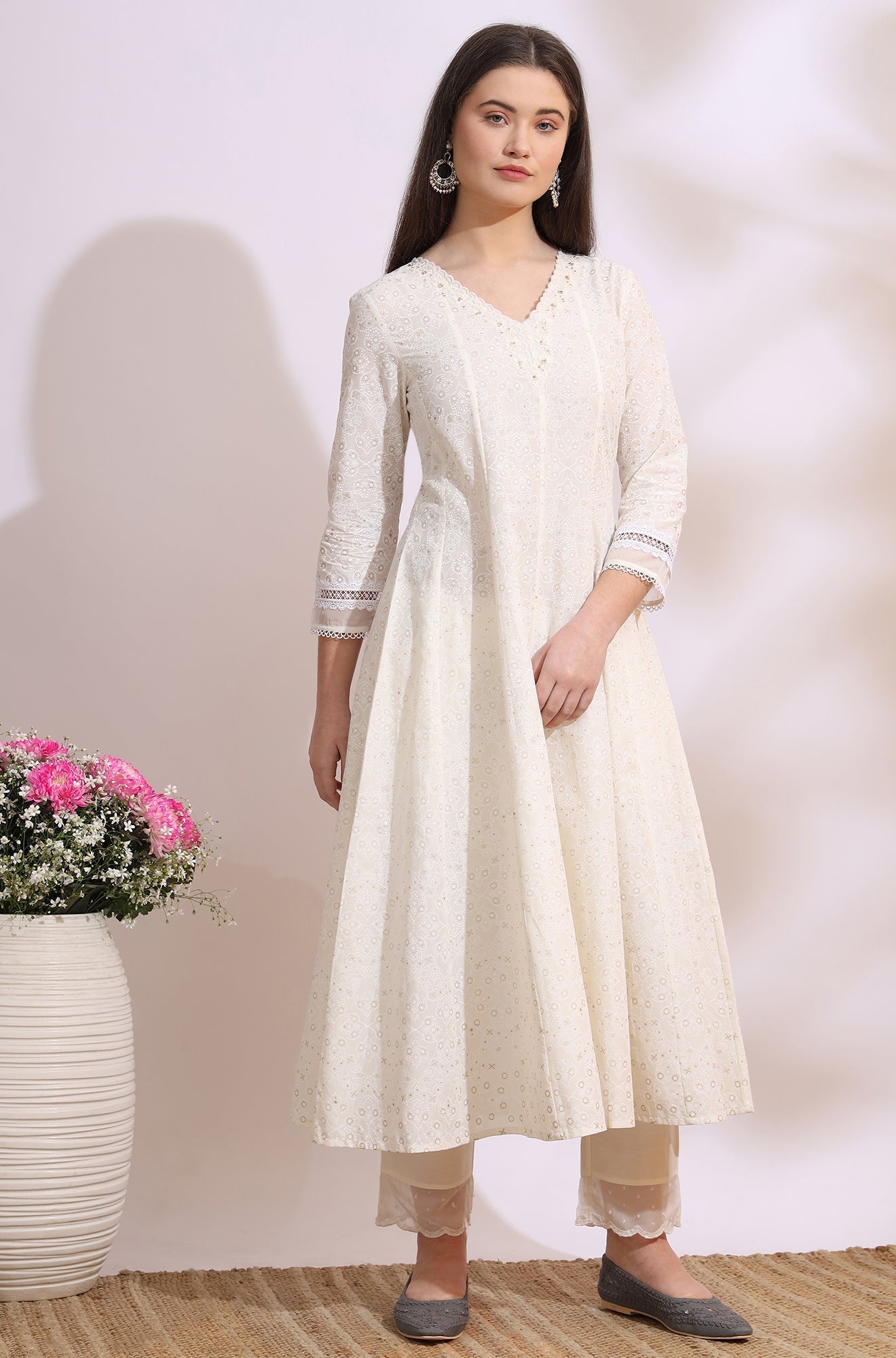 W for Woman White Glitter Printed Pure Cotton Anarkali Kurta with Embroidery