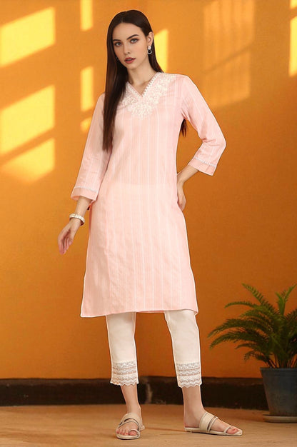 W for Woman Light Pink Embroidered Cotton Lurex Straight Kurta