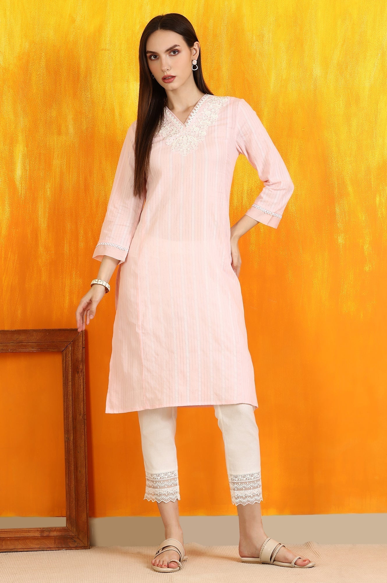 W for Woman Light Pink Embroidered Cotton Lurex Straight Kurta