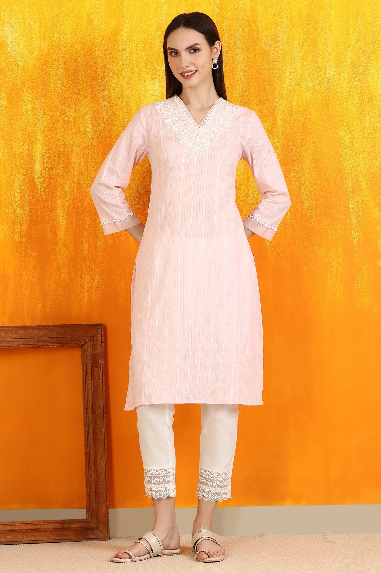 W for Woman Light Pink Embroidered Cotton Lurex Straight Kurta