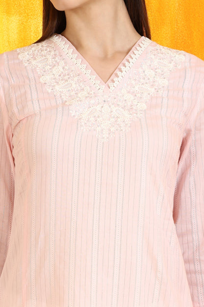 W for Woman Light Pink Embroidered Cotton Lurex Straight Kurta