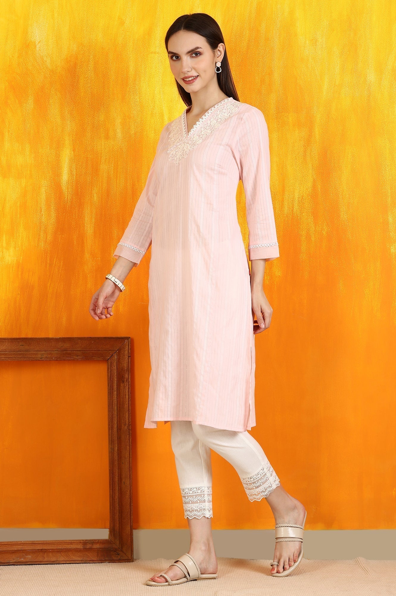 W for Woman Light Pink Embroidered Cotton Lurex Straight Kurta