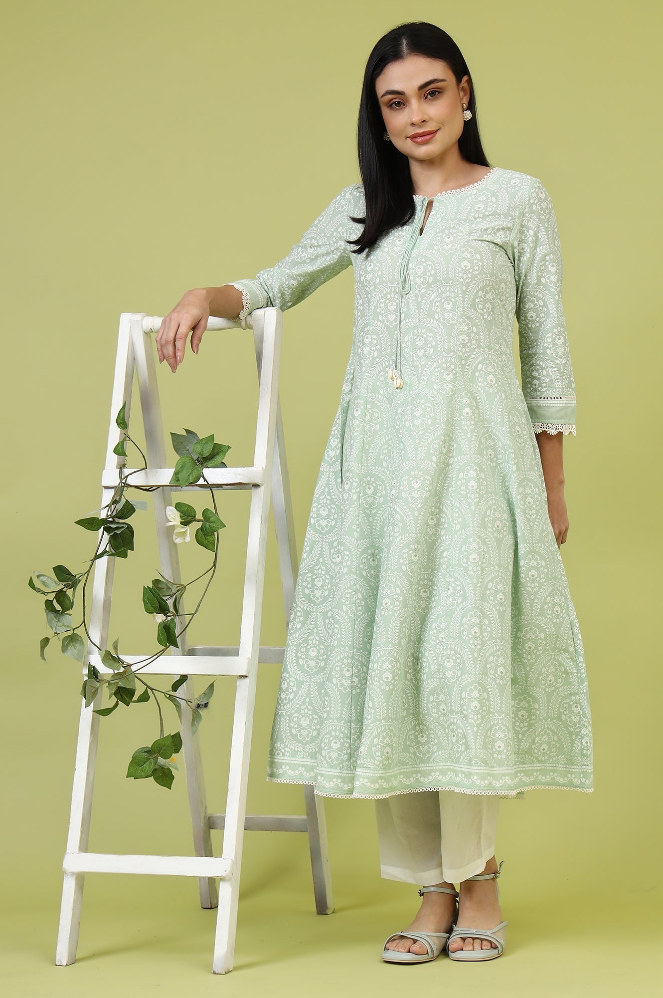 W for Woman Mint Green Floral Printed Pure Cotton Anarkali Kurta