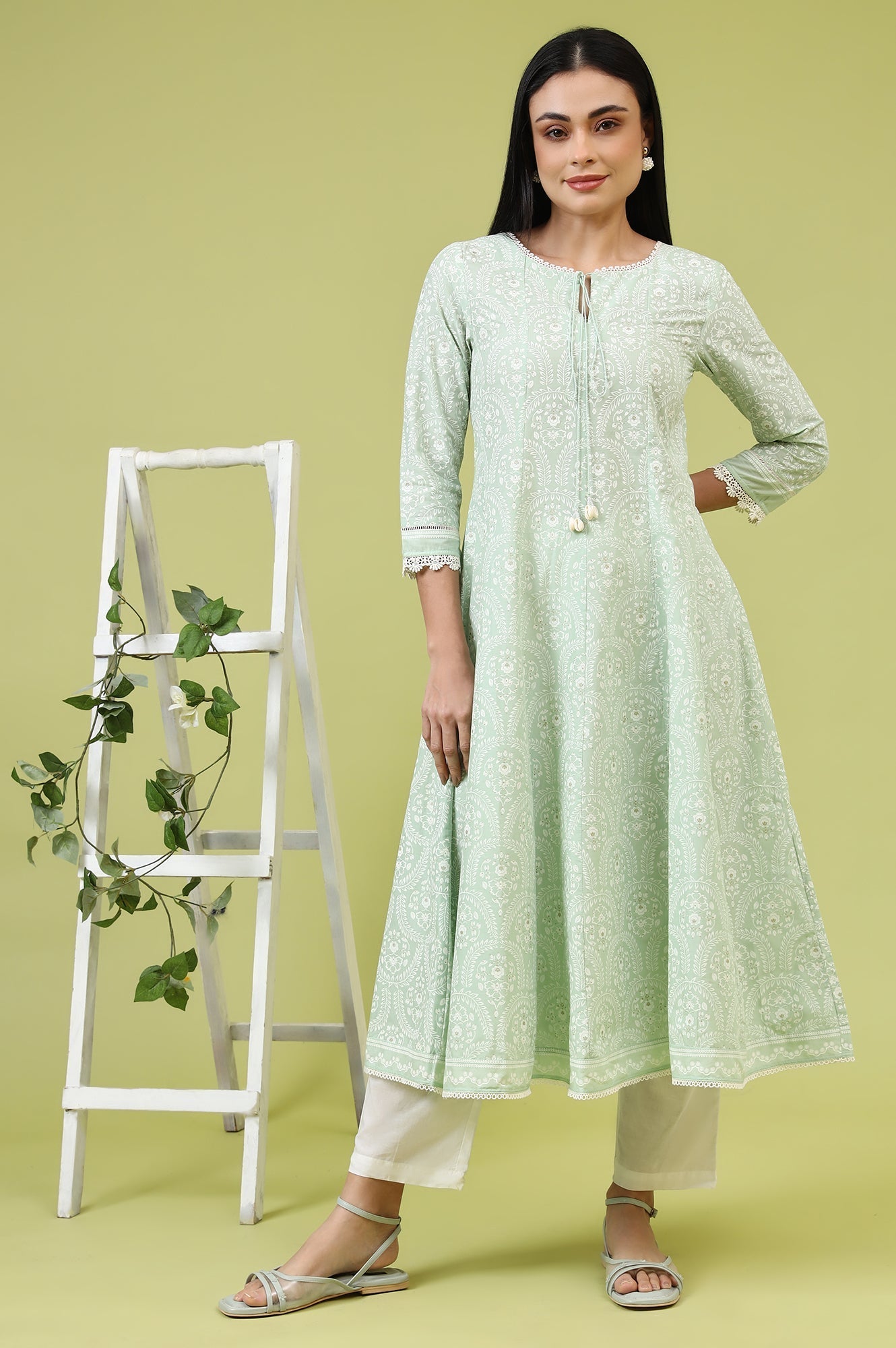 W for Woman Mint Green Floral Printed Pure Cotton Anarkali Kurta