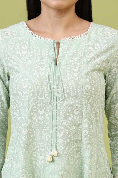 W for Woman Mint Green Floral Printed Pure Cotton Anarkali Kurta