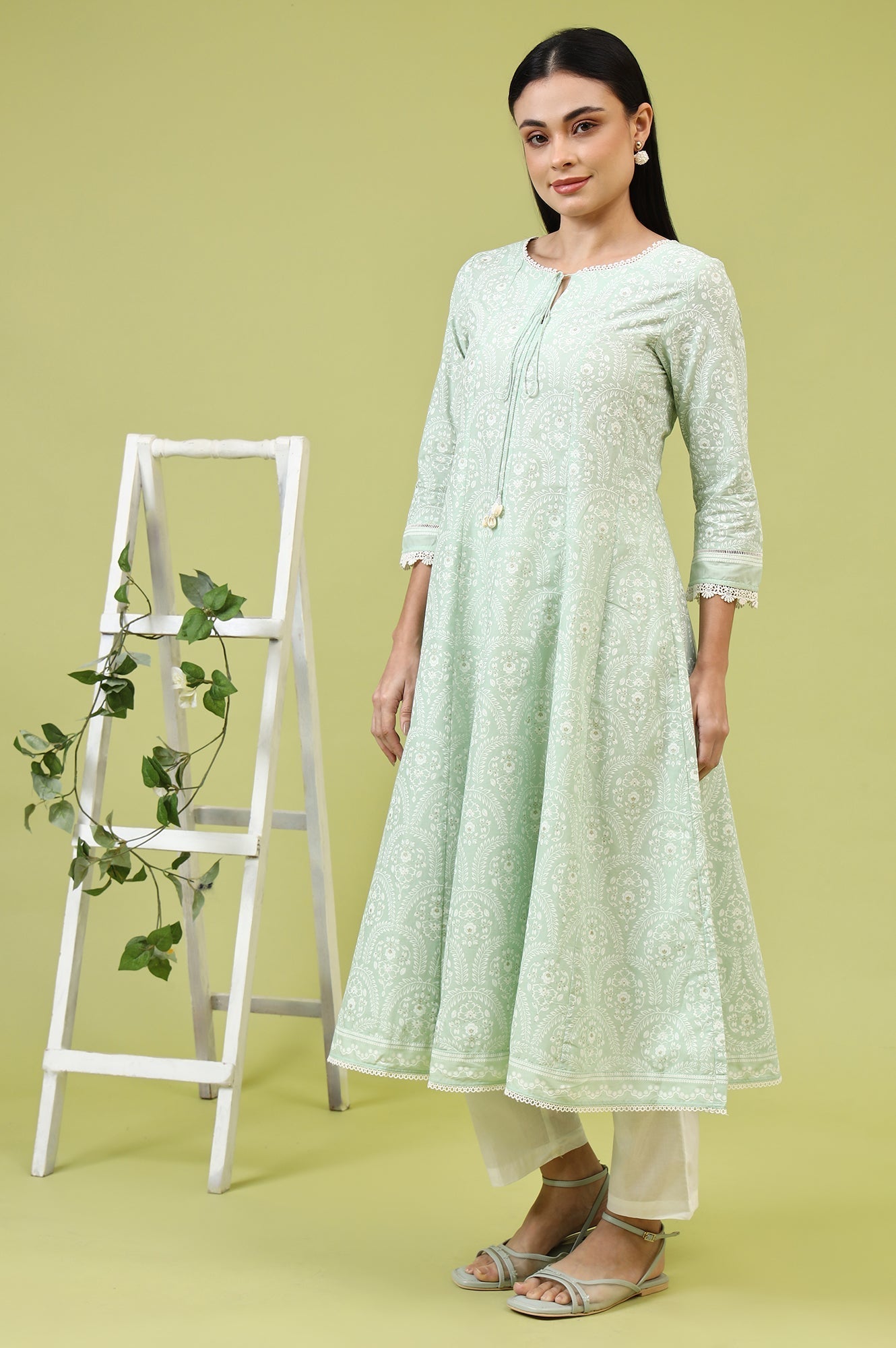 W for Woman Mint Green Floral Printed Pure Cotton Anarkali Kurta