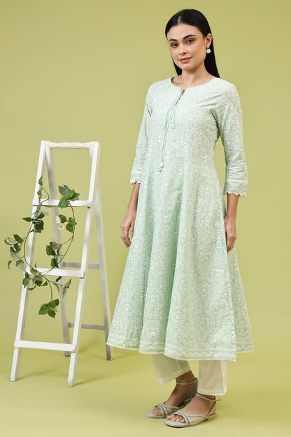 W for Woman Mint Green Floral Printed Pure Cotton Anarkali Kurta