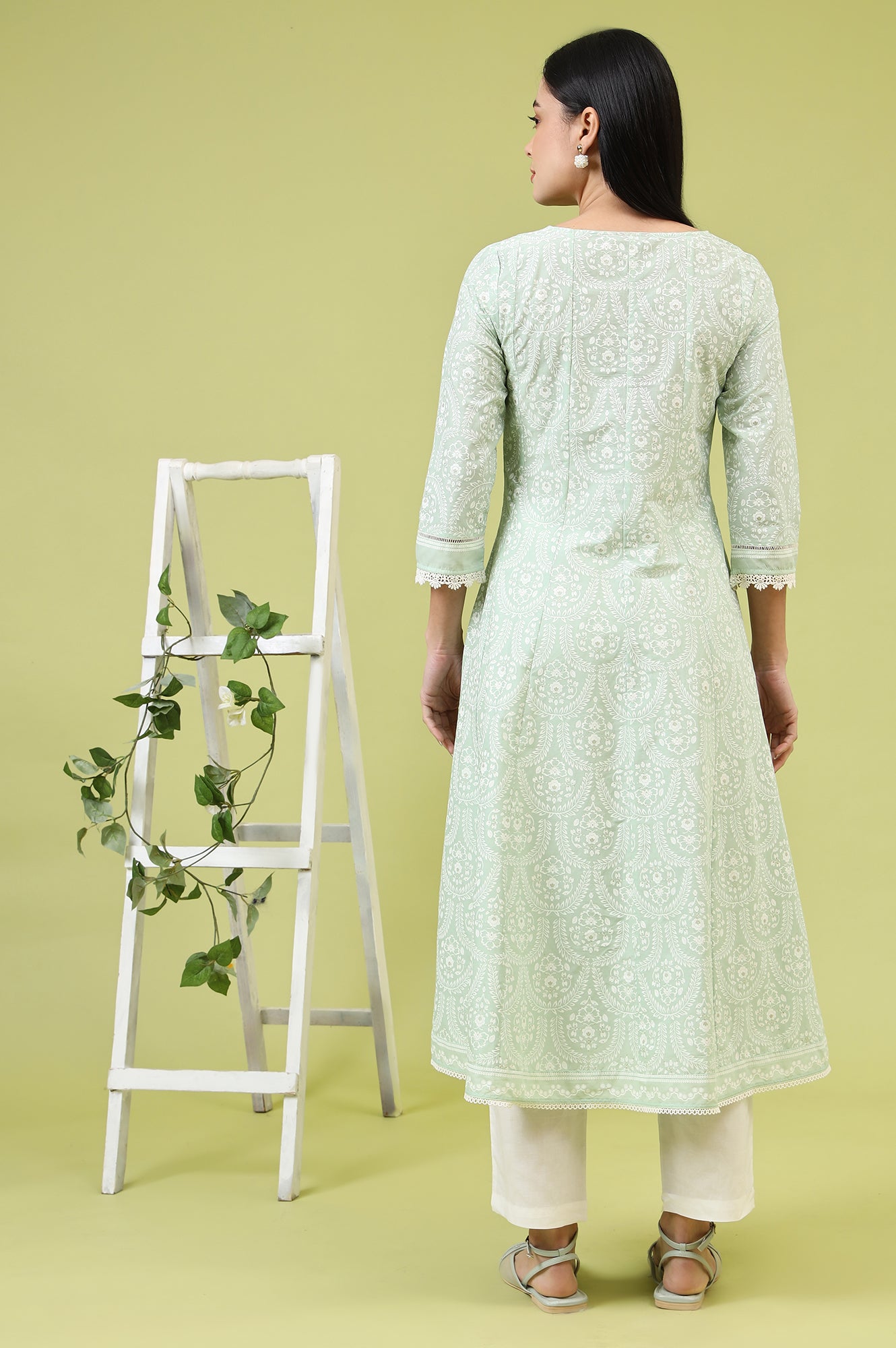 W for Woman Mint Green Floral Printed Pure Cotton Anarkali Kurta