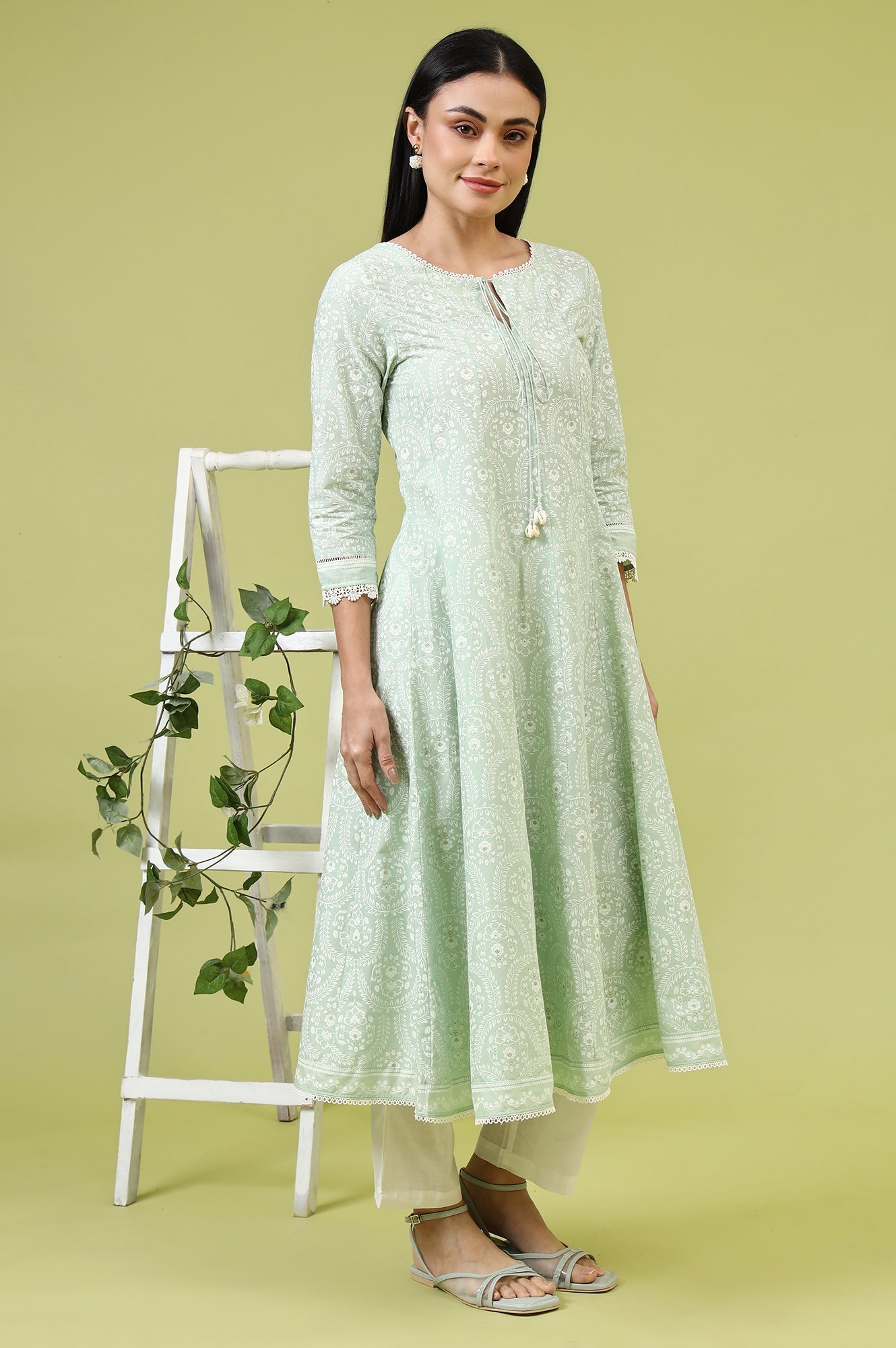 W for Woman Mint Green Floral Printed Pure Cotton Anarkali Kurta
