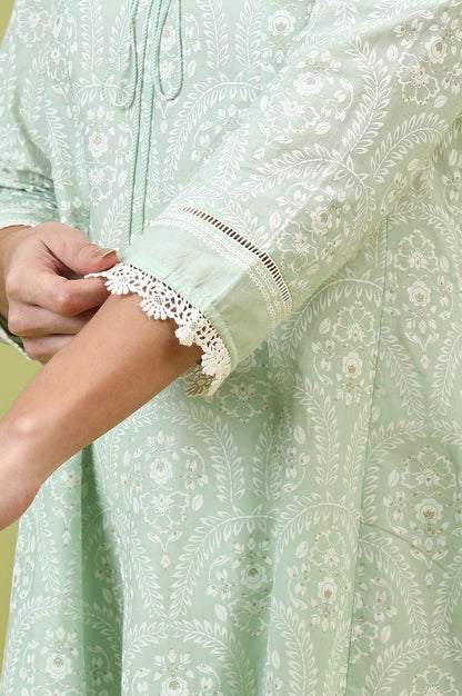W for Woman Mint Green Floral Printed Pure Cotton Anarkali Kurta