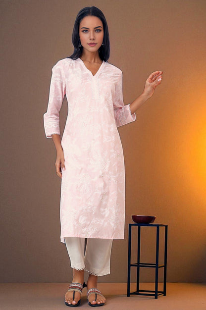 W for Woman Light Pink Floral Printed Pure Cotton A-line Kurta with Lace