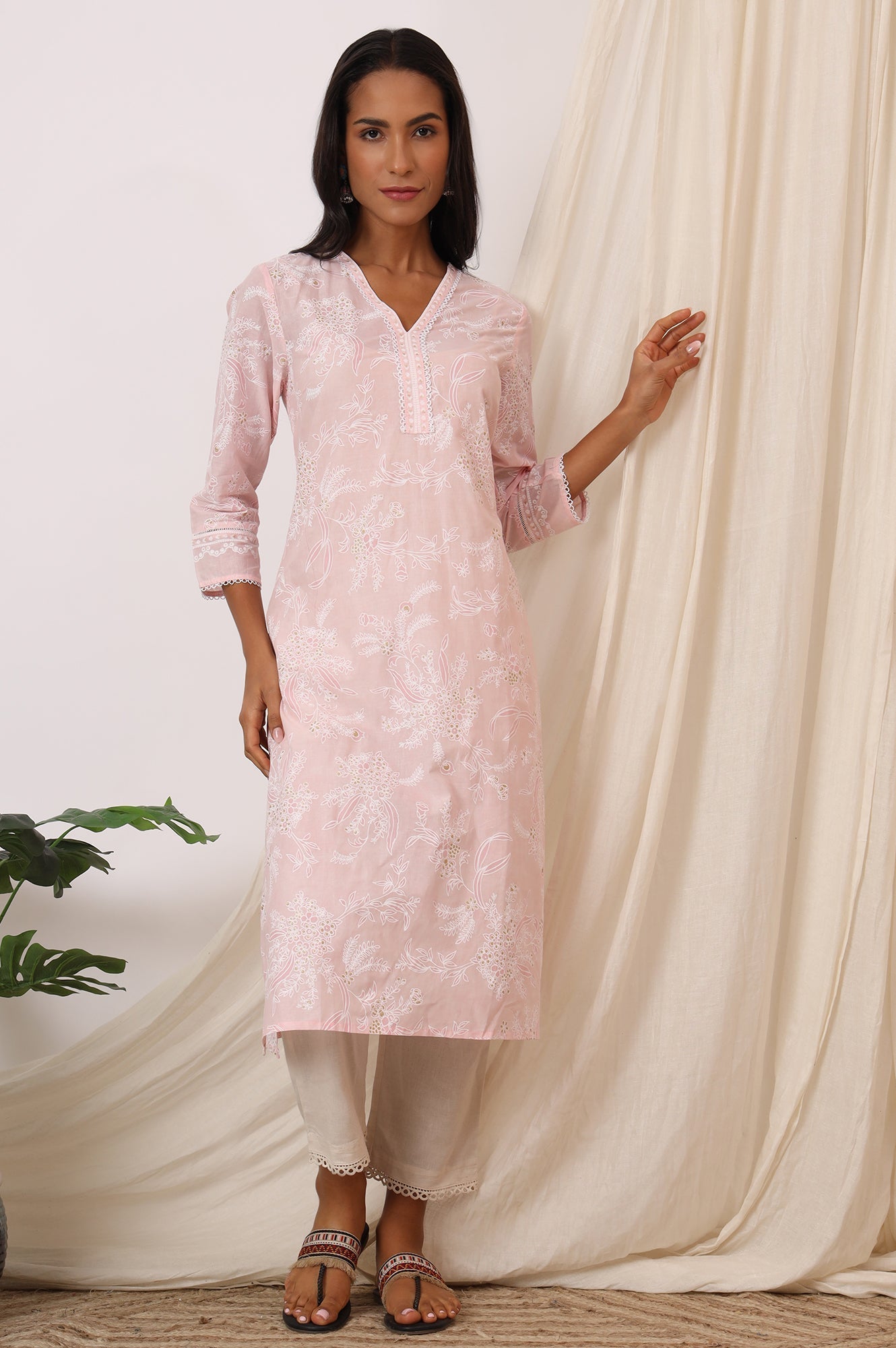 W for Woman Light Pink Floral Printed Pure Cotton A-line Kurta with Lace