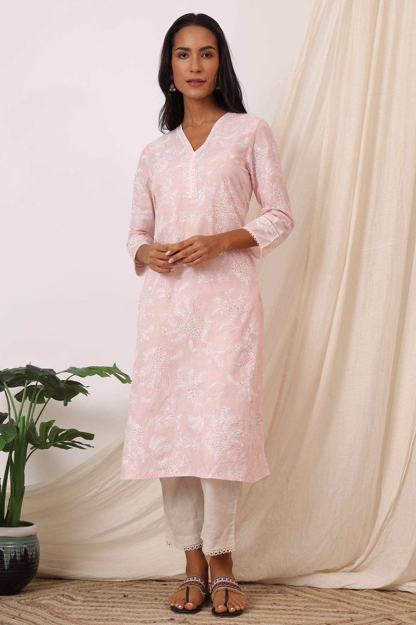 W for Woman Light Pink Floral Printed Pure Cotton A-line Kurta with Lace