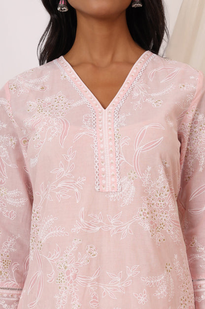 W for Woman Light Pink Floral Printed Pure Cotton A-line Kurta with Lace