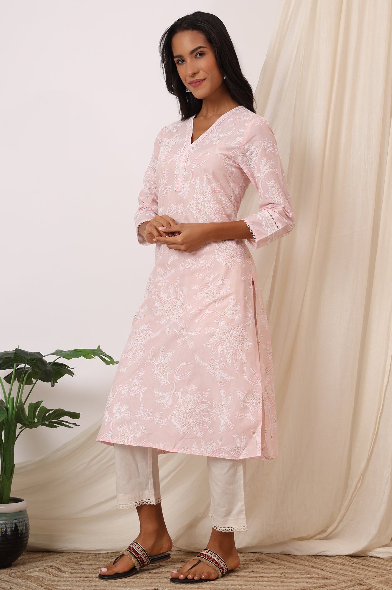 W for Woman Light Pink Floral Printed Pure Cotton A-line Kurta with Lace