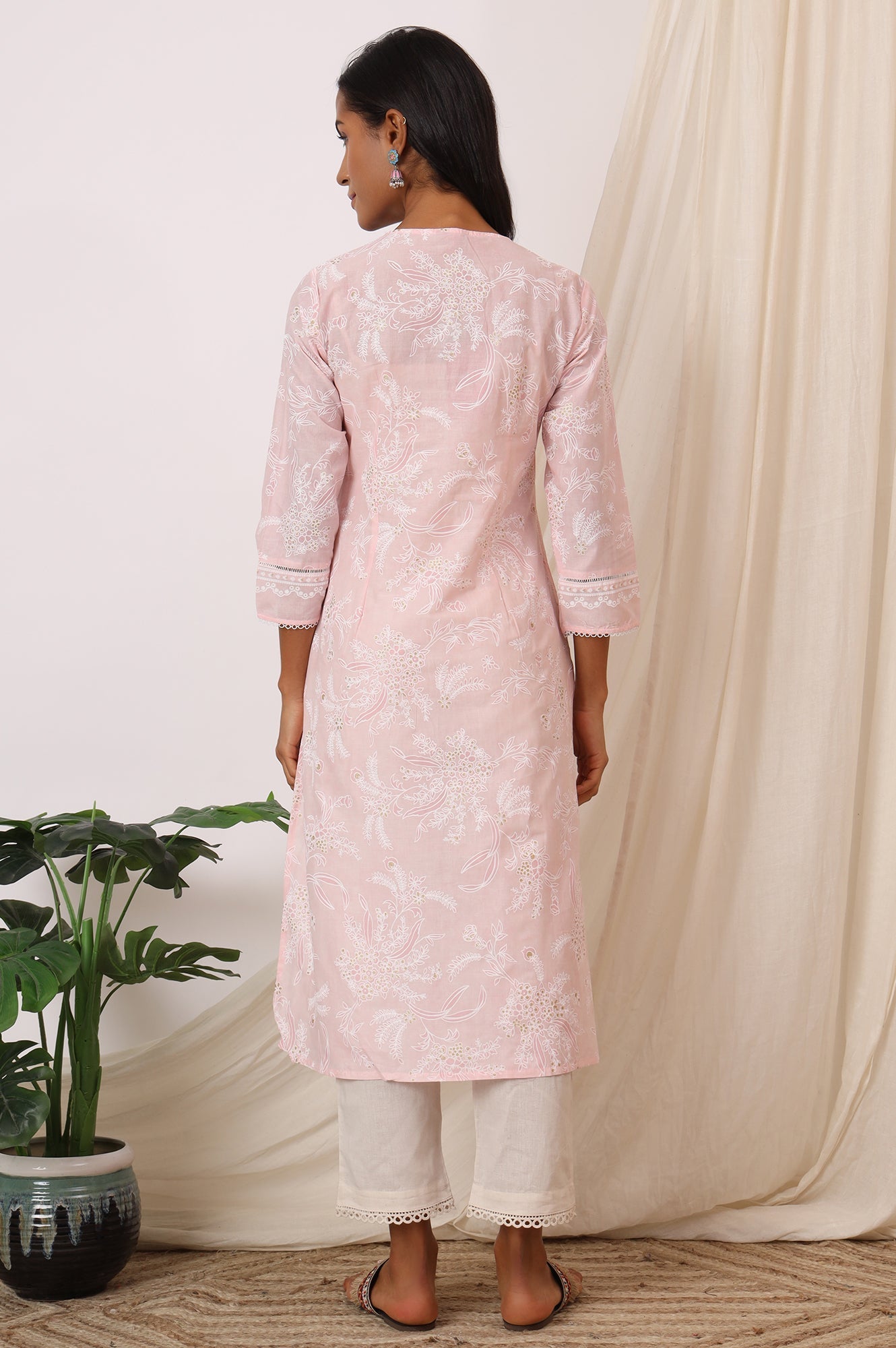 W for Woman Light Pink Floral Printed Pure Cotton A-line Kurta with Lace