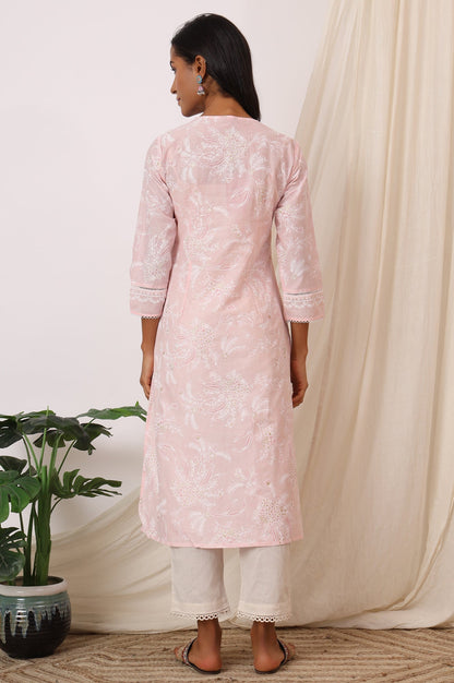W for Woman Light Pink Floral Printed Pure Cotton A-line Kurta with Lace
