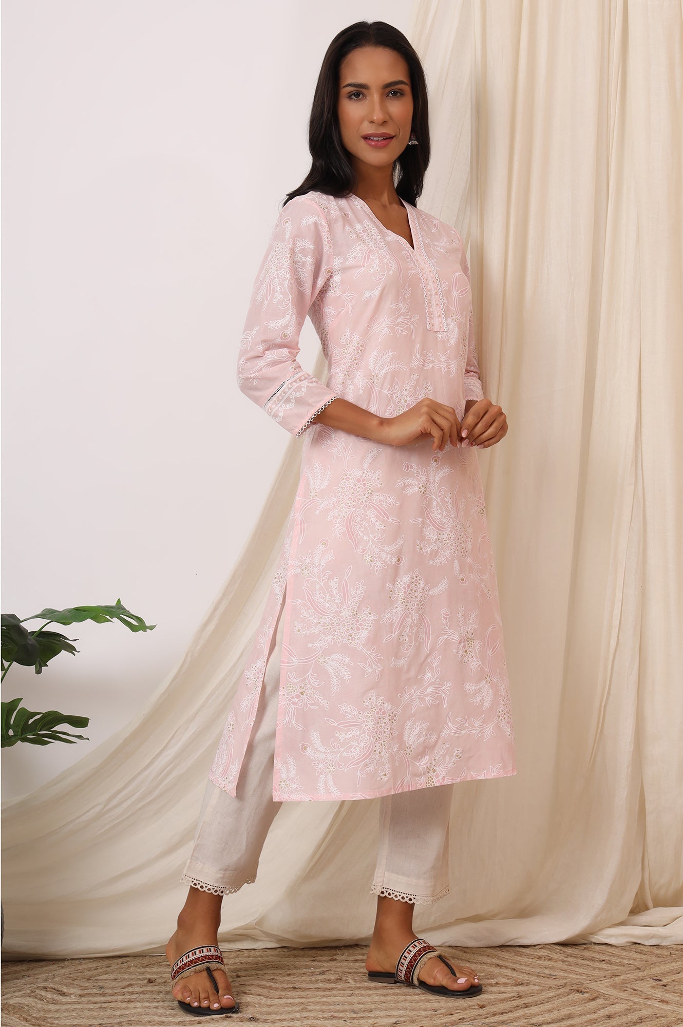 W for Woman Light Pink Floral Printed Pure Cotton A-line Kurta with Lace