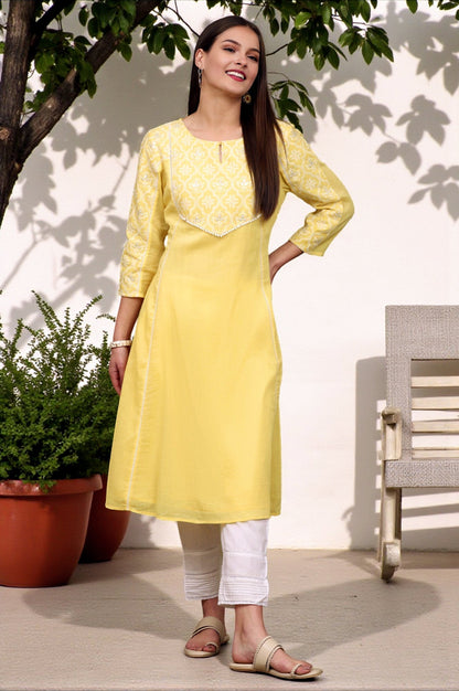 W for Woman Daffodil Yellow Embroidered Yoke Crinkle Cotton Flared Kurta