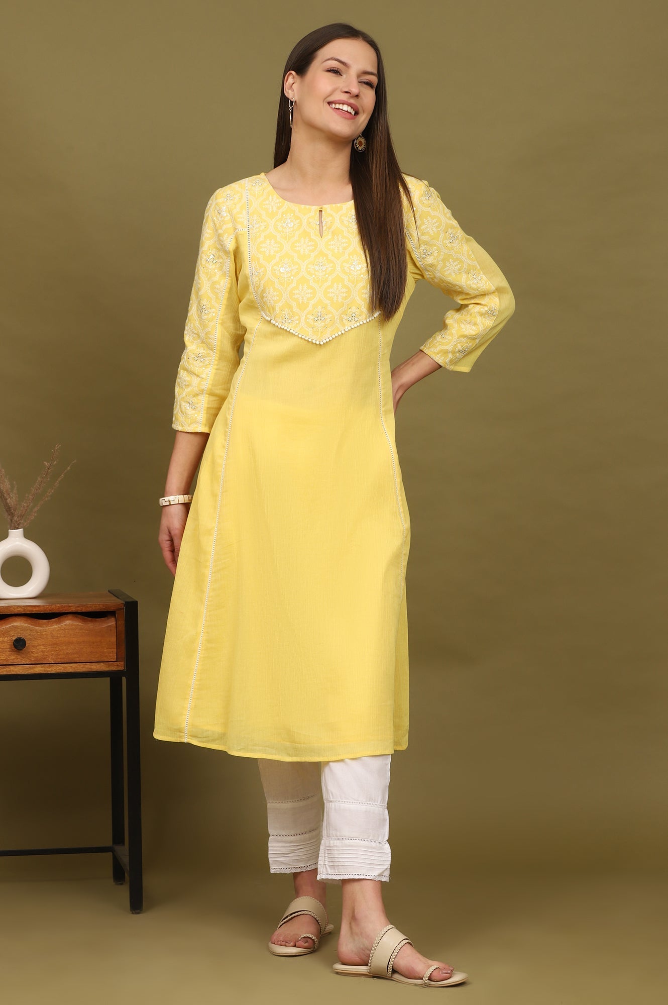 W for Woman Daffodil Yellow Embroidered Yoke Crinkle Cotton Flared Kurta