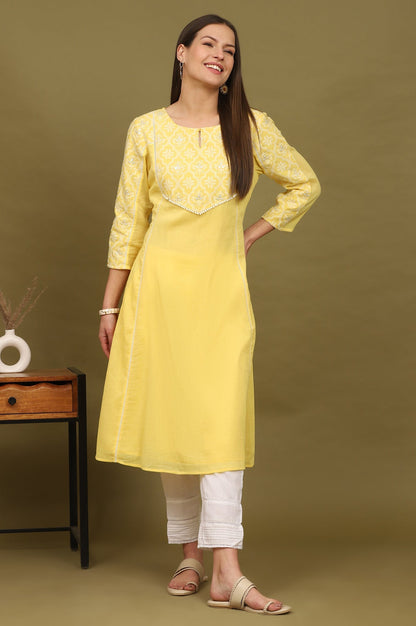 W for Woman Daffodil Yellow Embroidered Yoke Crinkle Cotton Flared Kurta